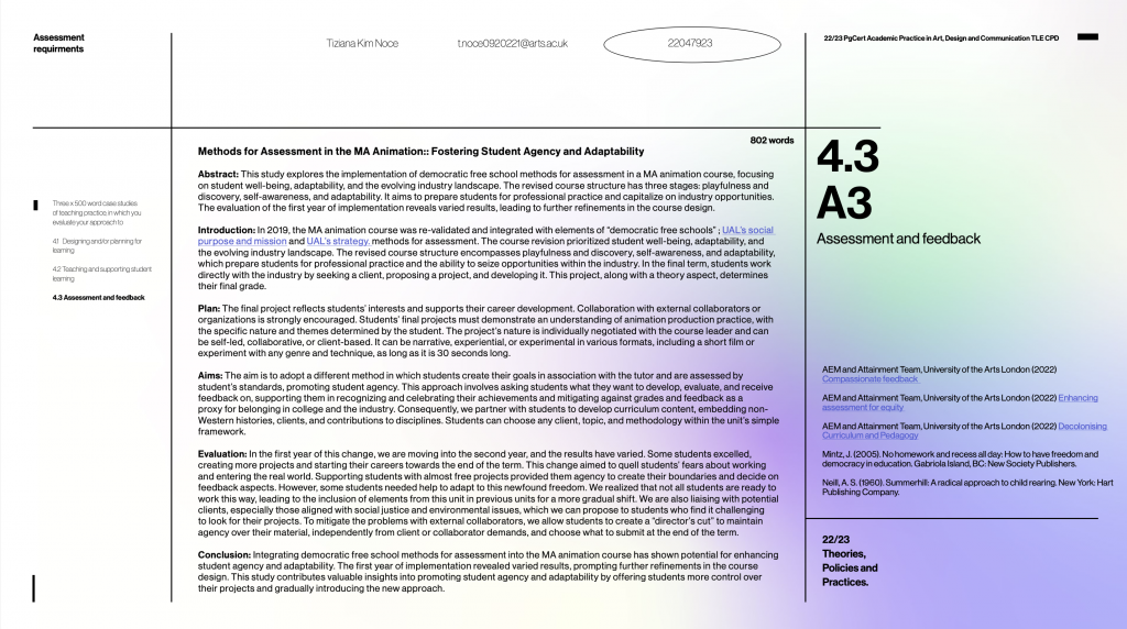 Methods for Assessment in the MA Animation: Fostering Student Agency and Adaptability